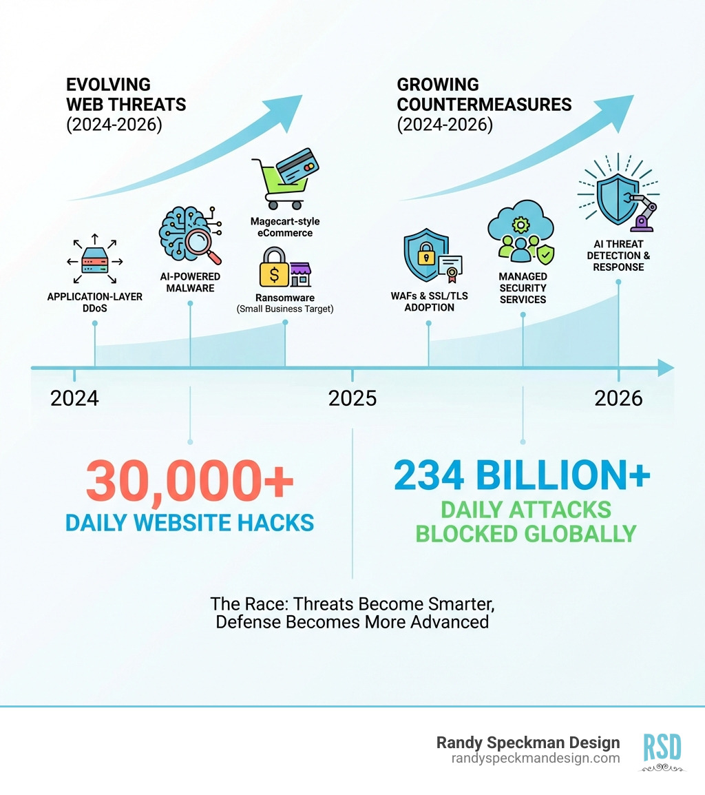 Infographic showing the evolution of web threats from 2024 to 2026, including the rise of application-layer DDoS attacks, AI-powered malware, Magecart-style eCommerce attacks, ransomware targeting small businesses, and the growing adoption of WAFs, SSL, and managed security services as countermeasures  with statistics like 30,000 daily hacks and 234 billion daily attacks blocked globally - website security solutions infographic 