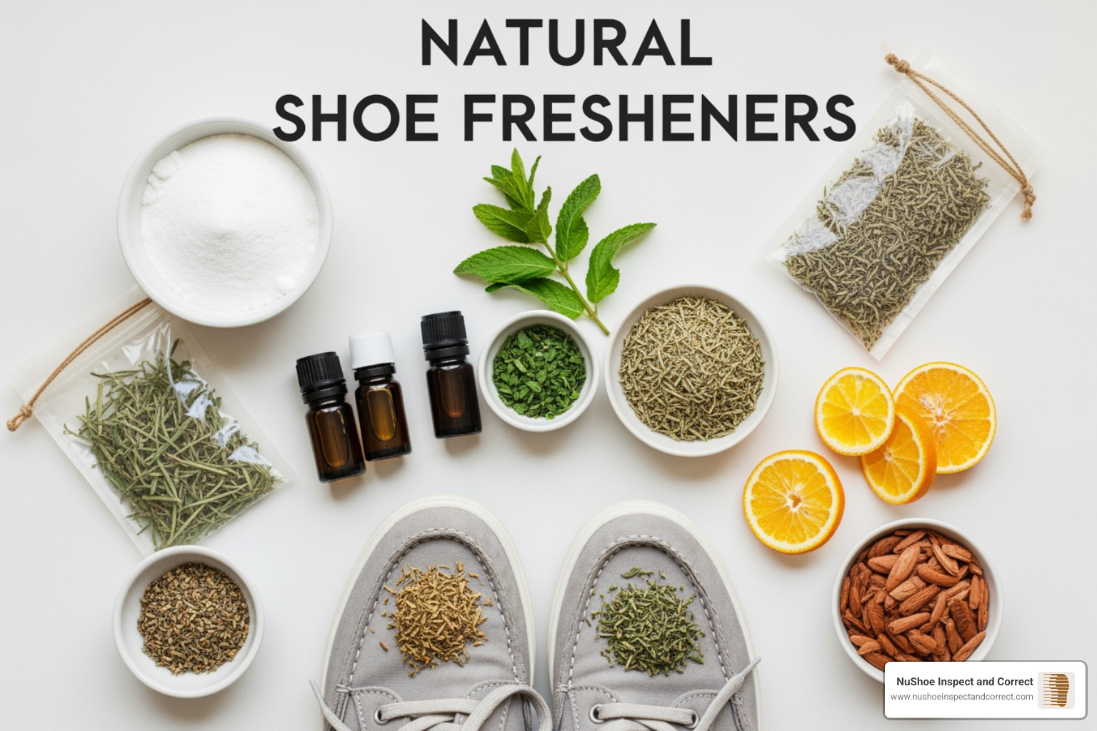 Baking soda, essential oils, and natural powders arranged on a wooden table - natural shoe freshener Baking soda, essential oils, and natural powders arranged on a wooden table - natural shoe freshener