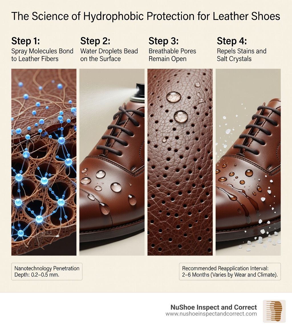 Infographic showing how leather protectant spray creates a hydrophobic barrier on shoe leather: step 1 shows spray molecules bonding to leather fibers, step 2 shows water droplets beading on the surface, step 3 shows breathable pores remaining open, step 4 shows stains and salt crystals being repelled, with labels indicating nanotechnology penetration depth and recommended reapplication intervals of 2-6 months depending on wear frequency and climate - leather protectant spray for shoes infographic Infographic showing how leather protectant spray creates a hydrophobic barrier on shoe leather: step 1 shows spray molecules bonding to leather fibers, step 2 shows water droplets beading on the surface, step 3 shows breathable pores remaining open, step 4 shows stains and salt crystals being repelled, with labels indicating nanotechnology penetration depth and recommended reapplication intervals of 2-6 months depending on wear frequency and climate - leather protectant spray for shoes infographic