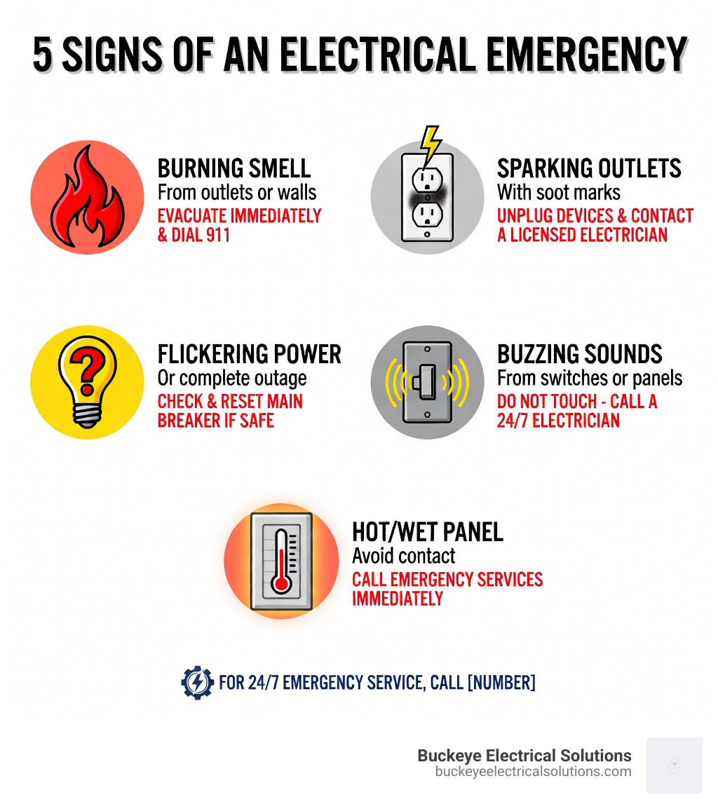 Infographic showing 5 signs of an electrical emergency: 1) Burning smell from outlets or walls, 2) Sparking or soot-marked outlets, 3) Flickering or completely lost power that doesn't reset, 4) Buzzing or humming from switches or panels, 5) Wet or hot electrical panel - each sign shown with a bold icon, a short description, and a recommended immediate action such as evacuating or turning off the main breaker - electrician near me 24 7 infographic Infographic showing 5 signs of an electrical emergency: 1) Burning smell from outlets or walls, 2) Sparking or soot-marked outlets, 3) Flickering or completely lost power that doesn't reset, 4) Buzzing or humming from switches or panels, 5) Wet or hot electrical panel - each sign shown with a bold icon, a short description, and a recommended immediate action such as evacuating or turning off the main breaker - electrician near me 24 7 infographic