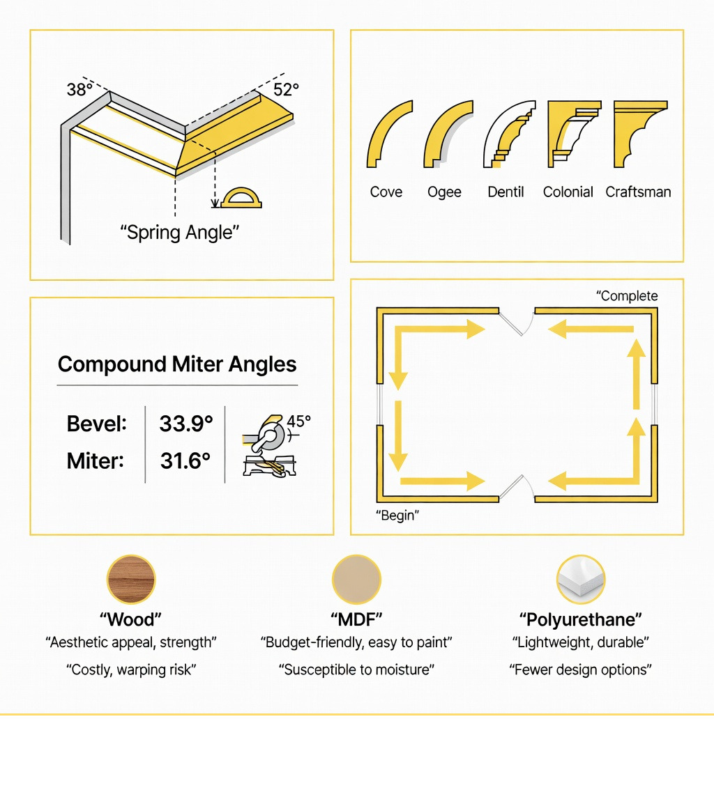 Step-by-step crown molding installation infographic showing: spring angle diagram (38° wall, 52° ceiling positions), five common molding profiles (cove, ogee, dentil, colonial, craftsman), compound miter angle chart (bevel 33.9°, miter 31.6°), installation sequence arrows going counterclockwise around a room floor plan, and material comparison icons for wood, MDF, and polyurethane with pros/cons labels - Crown molding installation infographic 