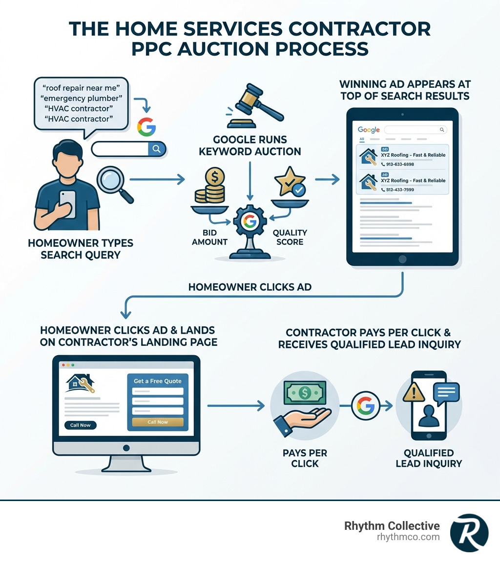 Infographic showing the Google Ads PPC auction process for home services contractors: homeowner types search query, Google runs keyword auction based on bid amount and quality score, winning ad appears at top of search results, homeowner clicks ad and lands on contractor's landing page, contractor pays per click and receives qualified lead inquiry - PPC for contractors infographic Infographic showing the Google Ads PPC auction process for home services contractors: homeowner types search query, Google runs keyword auction based on bid amount and quality score, winning ad appears at top of search results, homeowner clicks ad and lands on contractor's landing page, contractor pays per click and receives qualified lead inquiry - PPC for contractors infographic