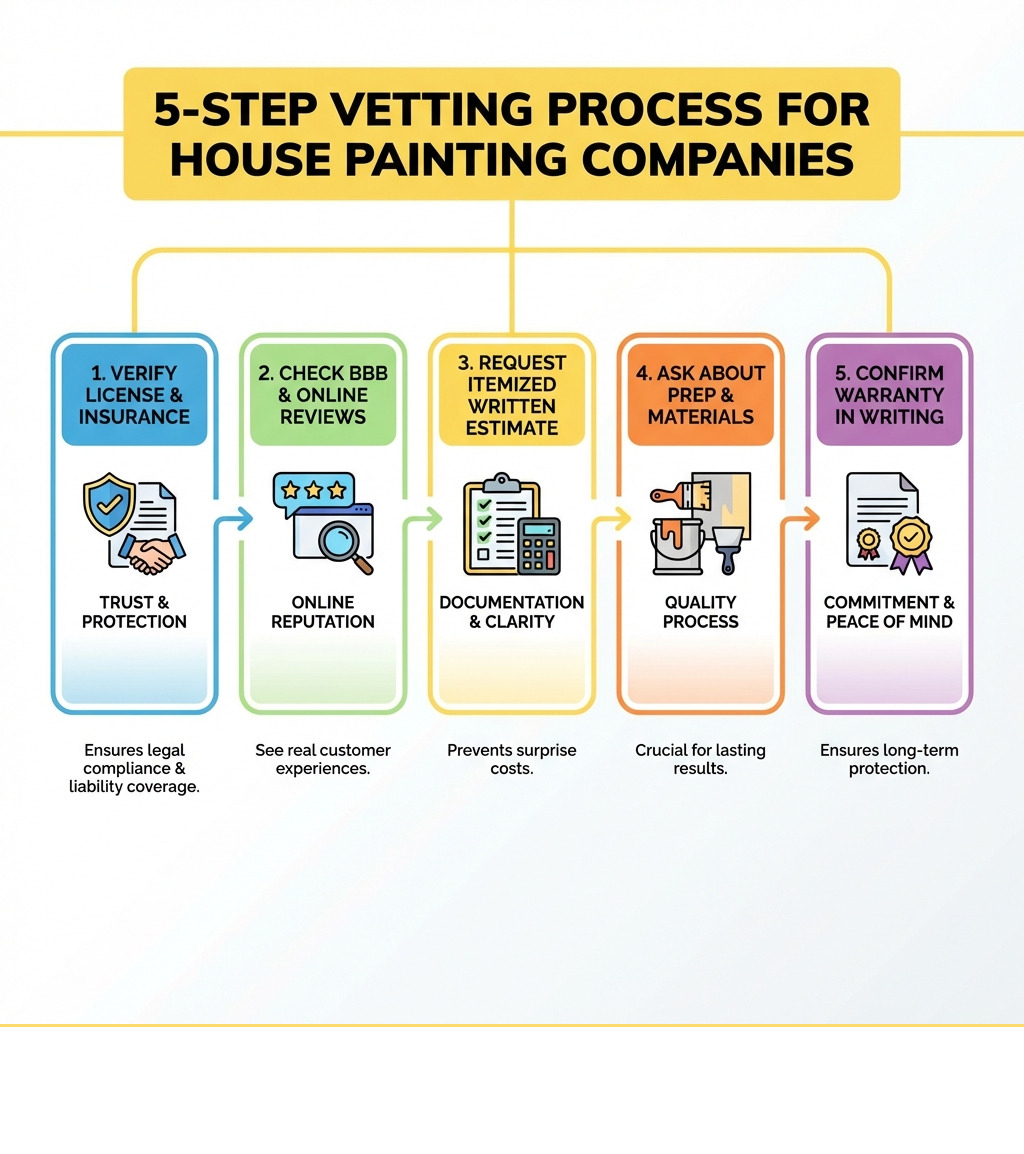Infographic showing the 5-step vetting process for hiring house painting companies: Step 1 - Verify license and insurance, Step 2 - Check BBB ratings and online reviews, Step 3 - Request an itemized written estimate, Step 4 - Ask about surface prep process and materials used, Step 5 - Confirm warranty terms in writing — each step shown as a horizontal flowchart with icons representing trust, documentation, and quality - house painting companies infographic Infographic showing the 5-step vetting process for hiring house painting companies: Step 1 - Verify license and insurance, Step 2 - Check BBB ratings and online reviews, Step 3 - Request an itemized written estimate, Step 4 - Ask about surface prep process and materials used, Step 5 - Confirm warranty terms in writing — each step shown as a horizontal flowchart with icons representing trust, documentation, and quality - house painting companies infographic