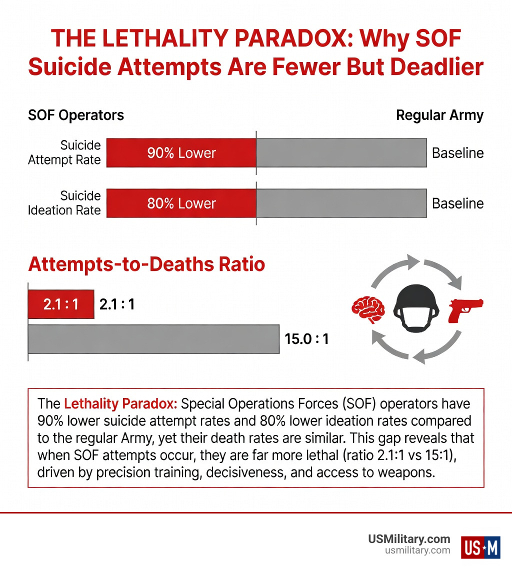 Infographic comparing SOF operator suicide statistics vs regular Army: attempt rates 90% lower in SOF, ideation 80% lower, death rates equal, attempts-to-deaths ratio 2.1 for operators vs 15.0 for regular force, with color-coded bar charts and callout boxes highlighting the lethality paradox - Are Suicides An Important Concern For Army Special Force Operators infographic 