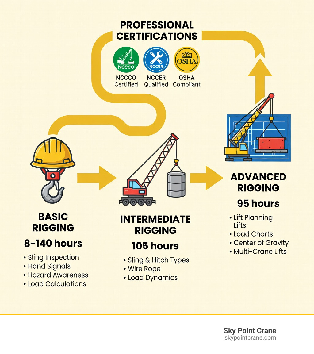 Infographic showing the crane rigging training career path: starting with entry-level Basic Rigging (8–140 hours, covering sling inspection, hand signals, hazard awareness, load calculations), progressing to Intermediate Rigging (105 hours, covering sling and hitch types, wire rope, load dynamics), advancing to Advanced Rigging (95 hours, covering lift planning, load charts, center of gravity, multi-crane lifts), and culminating in professional certifications including NCCCO, NCCER, and OSHA compliance credentials, with icons for each stage and arrows showing career progression - crane rigging training infographic Infographic showing the crane rigging training career path: starting with entry-level Basic Rigging (8–140 hours, covering sling inspection, hand signals, hazard awareness, load calculations), progressing to Intermediate Rigging (105 hours, covering sling and hitch types, wire rope, load dynamics), advancing to Advanced Rigging (95 hours, covering lift planning, load charts, center of gravity, multi-crane lifts), and culminating in professional certifications including NCCCO, NCCER, and OSHA compliance credentials, with icons for each stage and arrows showing career progression - crane rigging training infographic