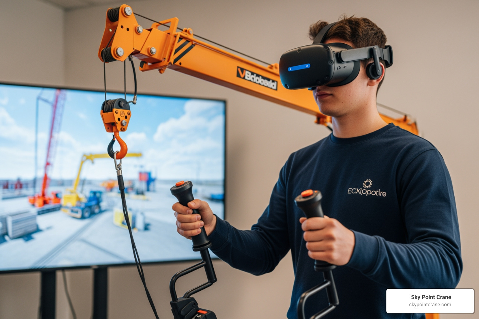 Student using a VR crane simulator to practice a complex lift in a risk-free environment. The student wears a headset and holds controllers that mimic crane levers, while a screen in the background shows the virtual construction site - crane rigging training Student using a VR crane simulator to practice a complex lift in a risk-free environment. The student wears a headset and holds controllers that mimic crane levers, while a screen in the background shows the virtual construction site - crane rigging training