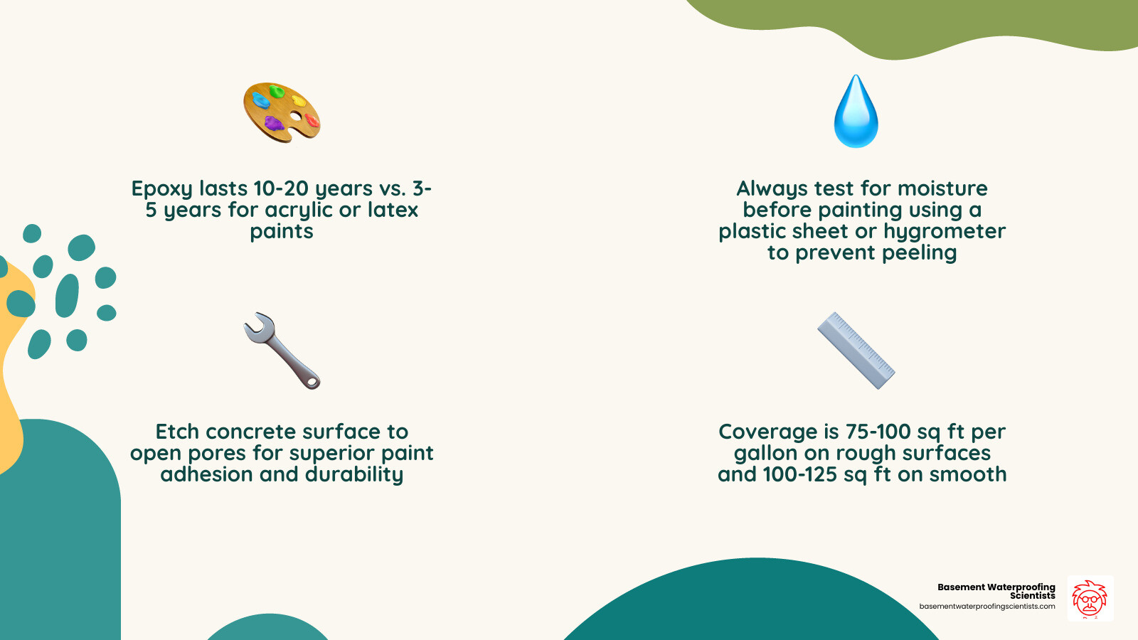 Infographic showing 5 key facts about cement floor paint for basements: 1) Epoxy lasts 10-20 years vs. 3-5 years for acrylic or latex; 2) Always test for moisture before painting using a plastic sheet or hygrometer; 3) Etch concrete surface to open pores for better paint adhesion; 4) Coverage is 75-100 sq ft per gallon on rough surfaces and 100-125 sq ft on smooth; 5) Epoxy creates a non-porous moisture barrier that helps prevent mold growth - cement floor paint basement infographic 4_facts_emoji_nature Infographic showing 5 key facts about cement floor paint for basements: 1) Epoxy lasts 10-20 years vs. 3-5 years for acrylic or latex; 2) Always test for moisture before painting using a plastic sheet or hygrometer; 3) Etch concrete surface to open pores for better paint adhesion; 4) Coverage is 75-100 sq ft per gallon on rough surfaces and 100-125 sq ft on smooth; 5) Epoxy creates a non-porous moisture barrier that helps prevent mold growth - cement floor paint basement infographic 4_facts_emoji_nature