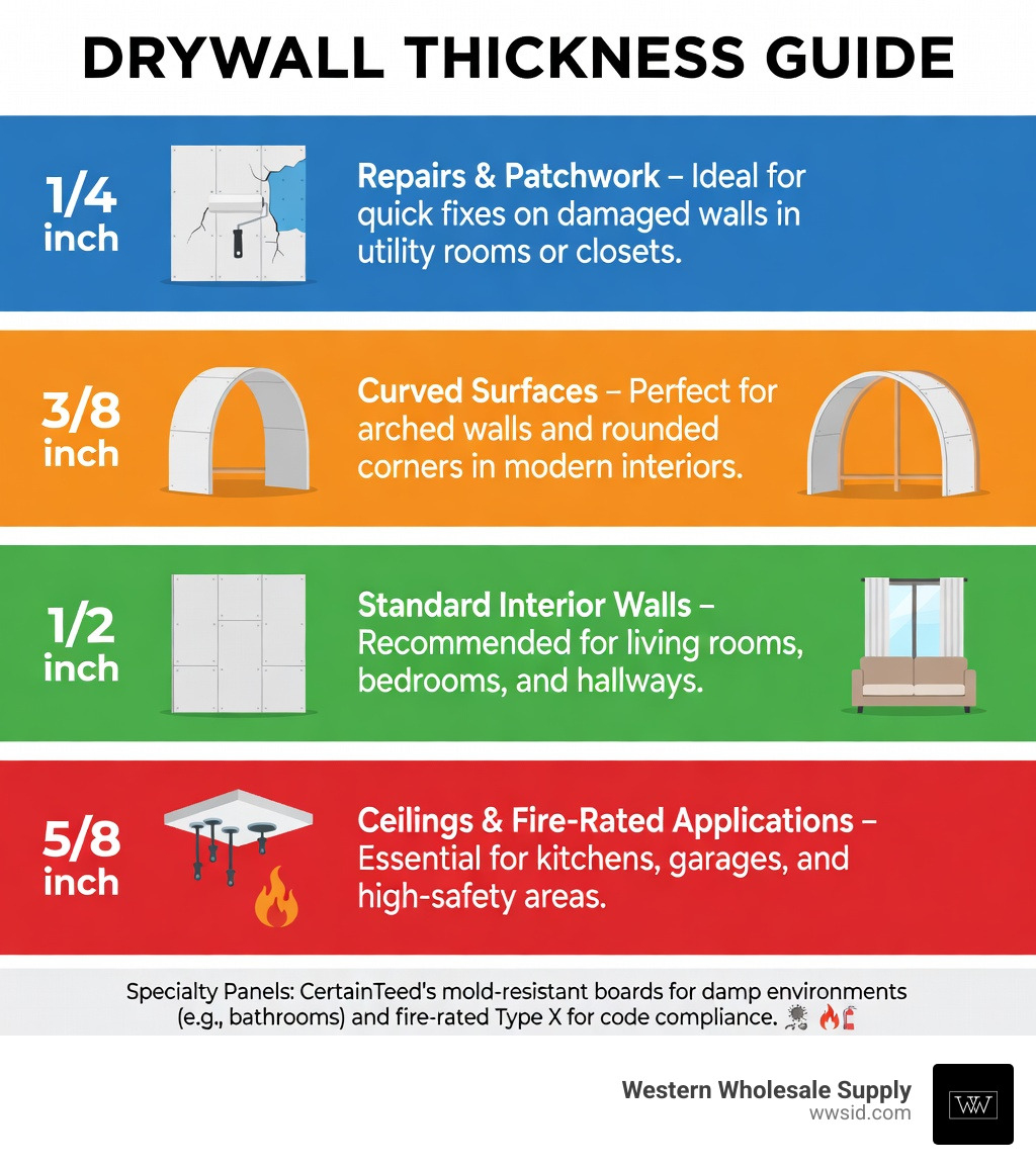 Infographic showing drywall thicknesses (1/4 inch for repairs, 3/8 inch for curved surfaces, 1/2 inch for standard interior walls, 5/8 inch for ceilings and fire-rated applications), with icons for each application type, recommended room types, and a note on specialty panels including CertainTeed mold-resistant and fire-rated Type X boards - drywall supply stores infographic Infographic showing drywall thicknesses (1/4 inch for repairs, 3/8 inch for curved surfaces, 1/2 inch for standard interior walls, 5/8 inch for ceilings and fire-rated applications), with icons for each application type, recommended room types, and a note on specialty panels including CertainTeed mold-resistant and fire-rated Type X boards - drywall supply stores infographic