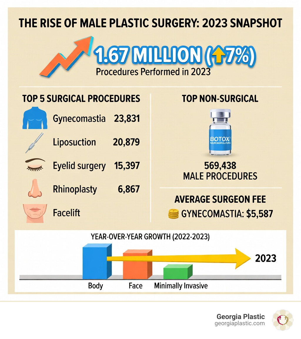 Infographic showing the rise of male plastic surgery: key 2023 statistics including 1.67 million total male cosmetic procedures (up 7%), top 5 surgical procedures (gynecomastia at 23,831 cases, liposuction at 20,879, eyelid surgery at 15,397, rhinoplasty at 6,867, facelift), top non-surgical treatment (Botox/neuromodulators at 569,438 male procedures), average surgeon fee for gynecomastia ($5,587), and a timeline bar showing year-over-year growth from 2022 to 2023 across body, face, and minimally invasive categories - male plastic surgery infographic 