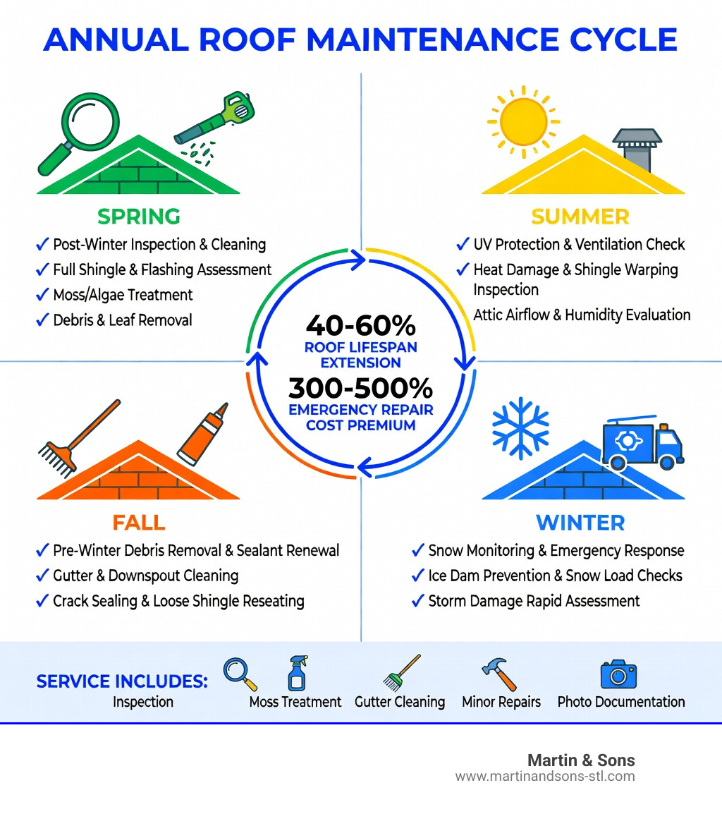 Infographic showing the annual roof maintenance cycle: Spring post-winter inspection and cleaning, Summer UV protection and ventilation check, Fall pre-winter debris removal and sealant renewal, Winter snow monitoring and emergency response, with statistics showing 40-60% lifespan extension, 300-500% emergency repair cost premium, and a breakdown of what each maintenance visit includes such as inspection, moss treatment, gutter cleaning, minor repairs, and photo documentation - roofing maintenance service infographic Infographic showing the annual roof maintenance cycle: Spring post-winter inspection and cleaning, Summer UV protection and ventilation check, Fall pre-winter debris removal and sealant renewal, Winter snow monitoring and emergency response, with statistics showing 40-60% lifespan extension, 300-500% emergency repair cost premium, and a breakdown of what each maintenance visit includes such as inspection, moss treatment, gutter cleaning, minor repairs, and photo documentation - roofing maintenance service infographic