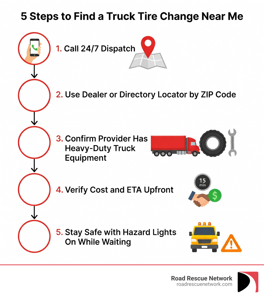 Infographic showing 5 steps to find a truck tire change near me: 1. Call 24/7 dispatch, 2. Use a dealer or directory locator by ZIP code, 3. Confirm the provider has heavy-duty truck equipment, 4. Verify cost and ETA upfront, 5. Stay safe with hazard lights on while waiting for roadside assistance - truck tire change near me infographic 