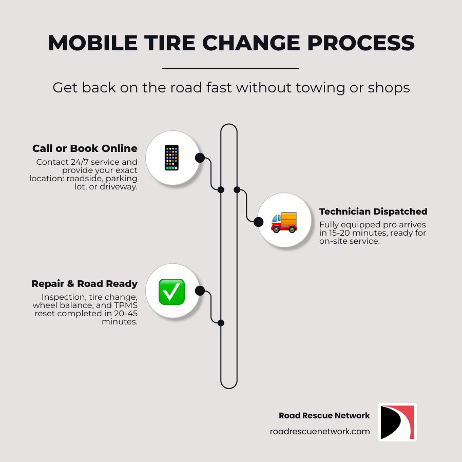 Infographic showing the mobile tire change process in Dallas: Step 1 - Call or book online; Step 2 - Technician dispatched within minutes; Step 3 - Technician arrives in 15-20 minutes with full equipment; Step 4 - On-site inspection, repair or replacement completed in 20-45 minutes; Step 5 - Wheel check, balancing, and TPMS reset performed; Step 6 - Driver back on the road — no tow, no shop visit required - tire change service Dallas infographic infographic-line-3-steps-elegant_beige