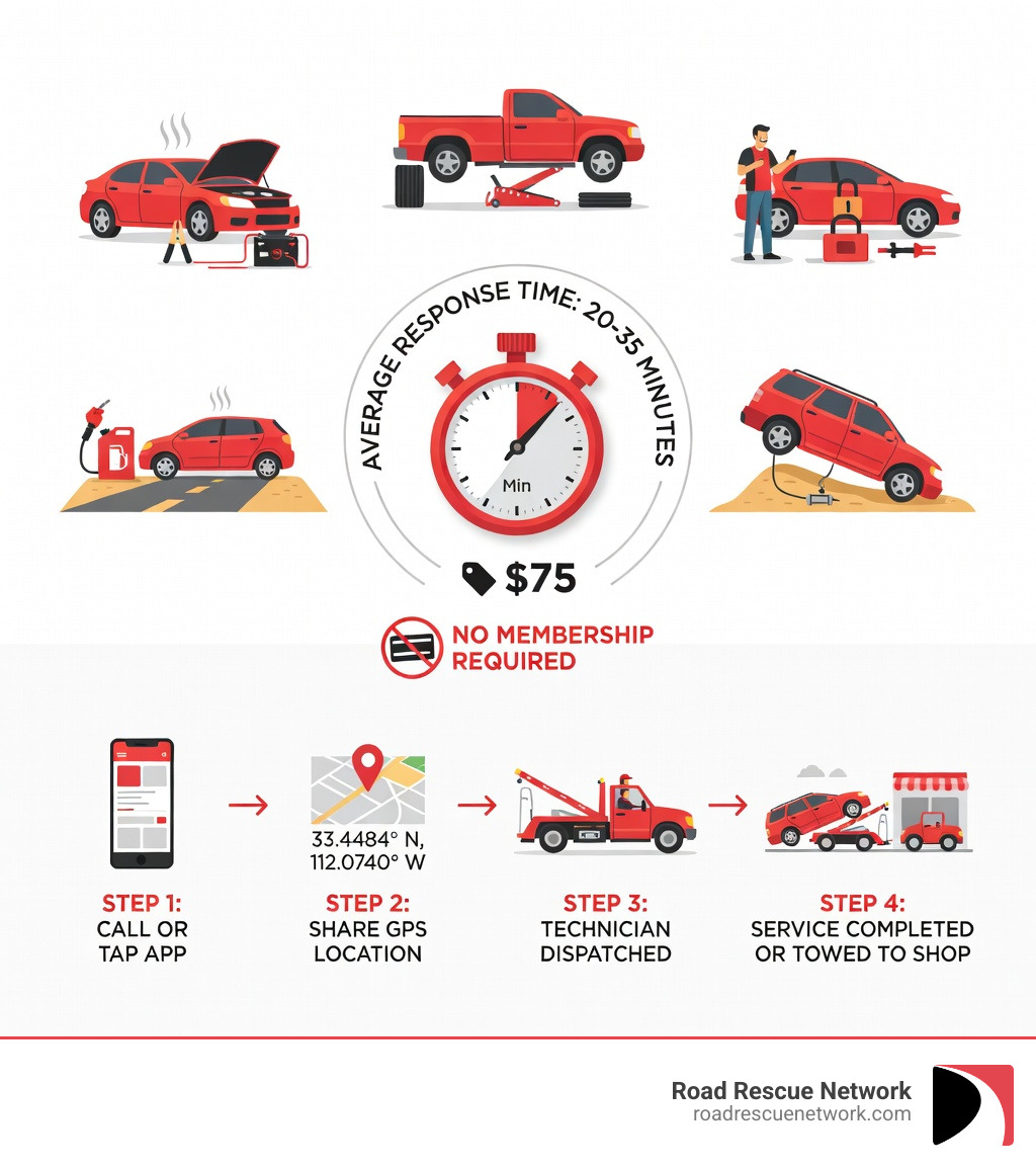 Infographic showing 5 common Phoenix roadside emergencies (dead battery, flat tire, lockout, out of gas, stuck in ditch), the average 20-35 minute response time, flat-rate $75 pricing, no membership required, and a step-by-step process: call or tap app, share GPS location, technician dispatched, service completed or towed to shop - 24/7 roadside phoenix az infographic 