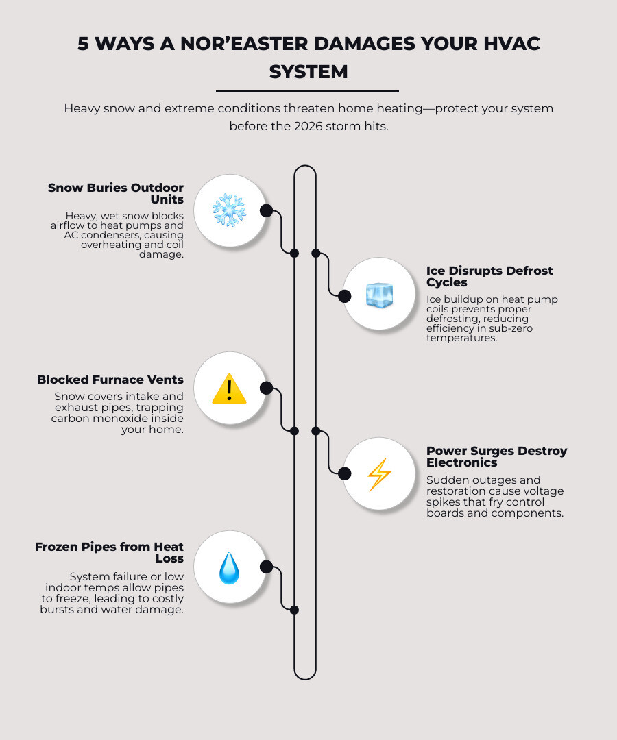 Infographic showing 5 ways a Nor'easter damages home HVAC systems: 1) Heavy snow buries outdoor units blocking airflow, 2) Ice builds up on heat pump coils disrupting defrost cycles, 3) Snow blocks furnace intake and exhaust pipes causing CO risk, 4) Power surges damage HVAC electronics and control boards, 5) Frozen pipes result from heating system failure or temperatures set too low - How to Protect Your HVAC System During the 2026 Nor’easter Snowstorm infographic infographic-line-5-steps-elegant_beige