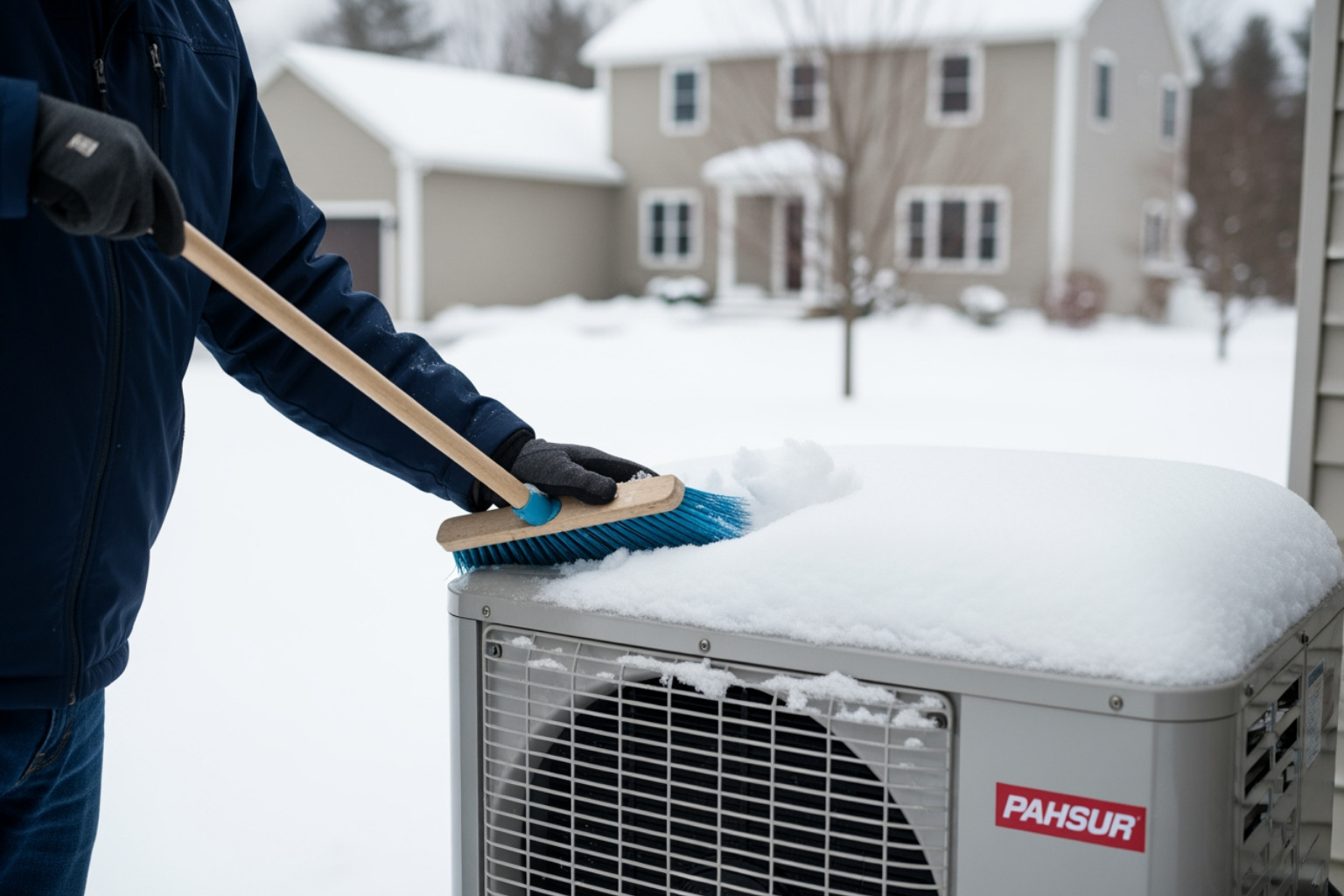 Homeowner using a broom to gently clear snow from the top of a heat pump unit - How to Protect Your HVAC System During the 2026 Nor’easter Snowstorm