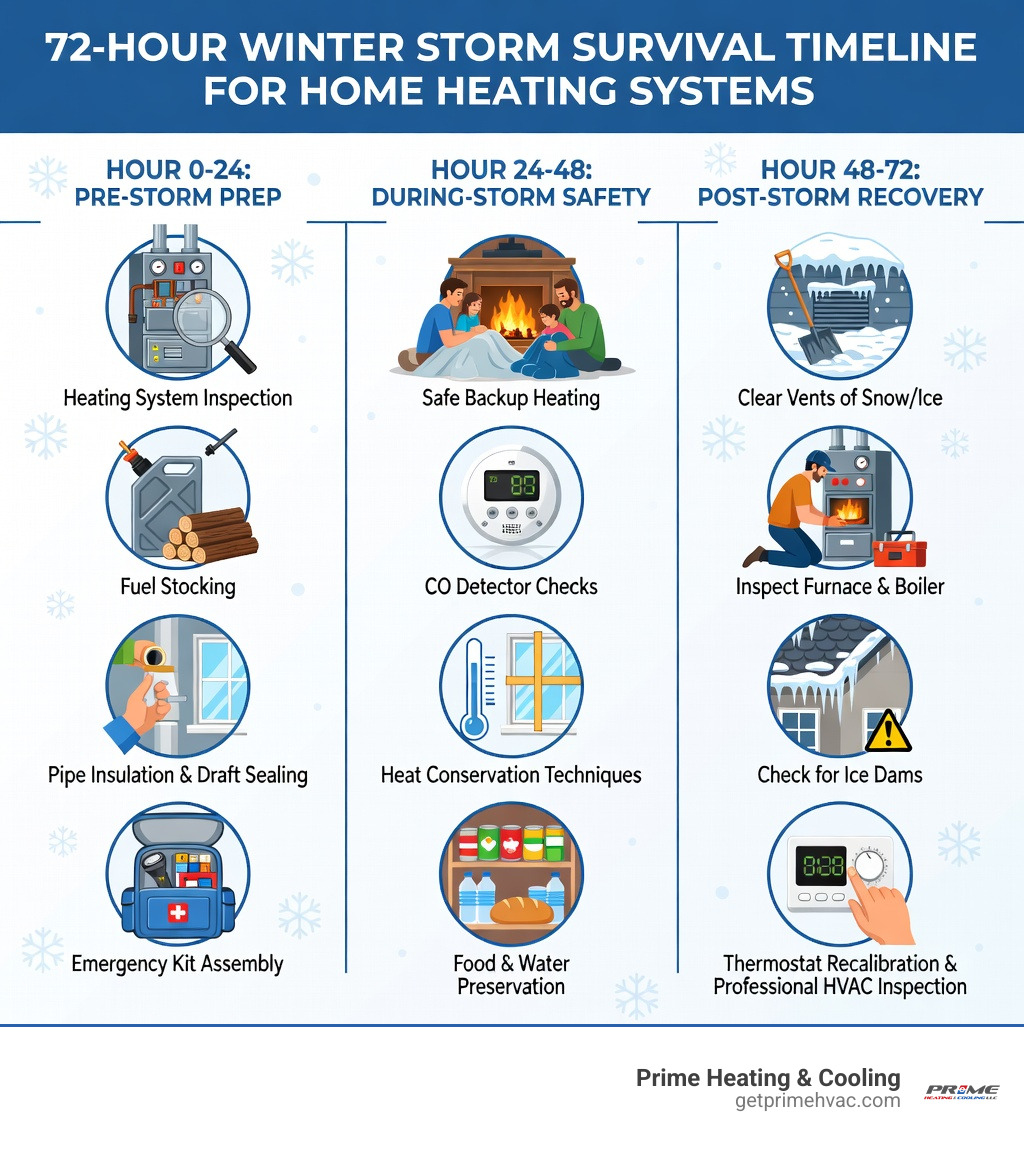 Infographic showing a 72-hour winter storm survival timeline for home heating systems: Hour 0-24 shows pre-storm steps including heating system inspection, fuel stocking, pipe insulation, draft sealing, and emergency kit assembly; Hour 24-48 shows during-storm actions including safe backup heating use, CO detector checks, heat conservation techniques like closing off rooms and sealing doors, and food and water preservation; Hour 48-72 shows post-storm recovery steps including clearing heating vents of snow and ice, inspecting furnace and boiler, checking for ice dams, thermostat recalibration, and scheduling a professional HVAC inspection - 2026 Nor’easter Snowstorm Survival Guide for Home Heating Systems infographic 