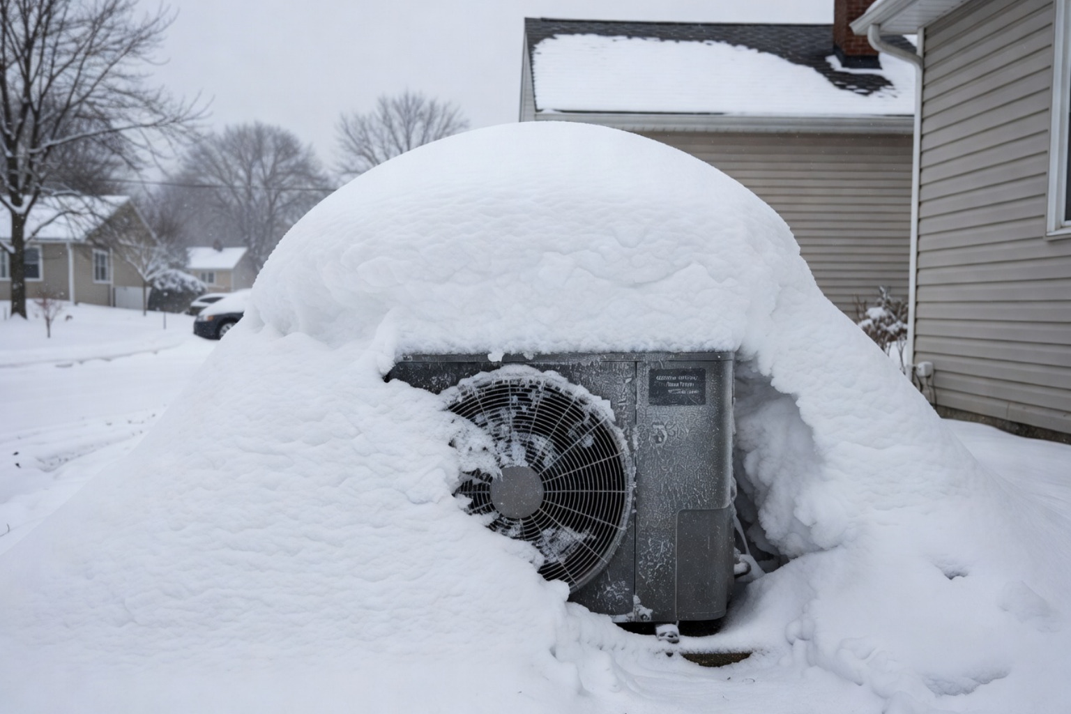 Heat pump buried under heavy snow drift - Nor’easter 2026: How Heavy Snow and Ice Can Impact Your HVAC System