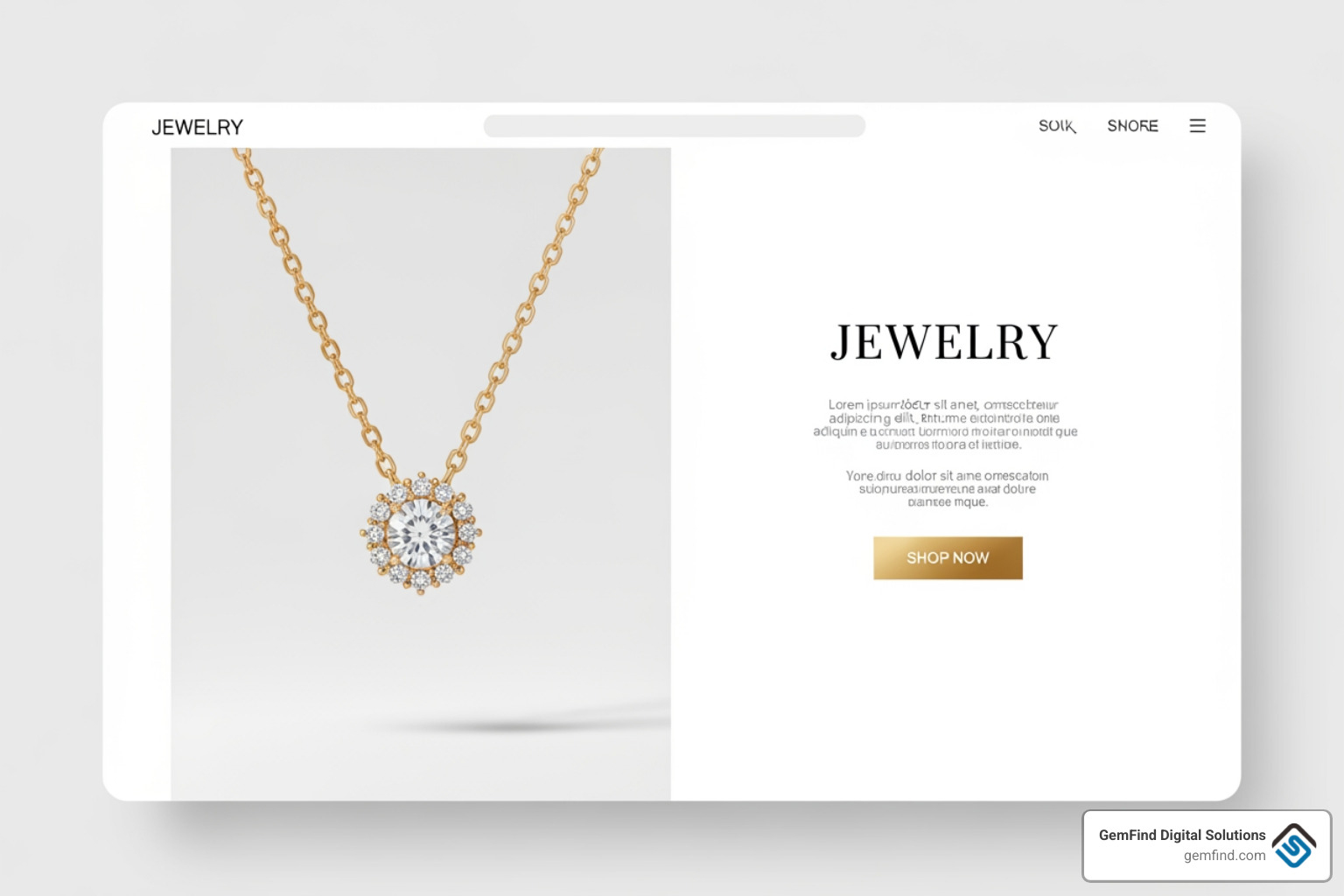A minimalist jewelry landing page layout featuring a single diamond necklace with plenty of white space and a clear gold-accented CTA button - jewelry landing page design