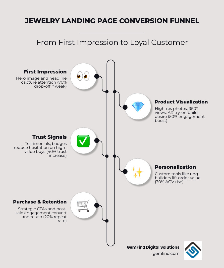 Infographic showing the jewelry landing page conversion funnel: from first impression with hero image and headline, to product visualization and trust signals, through personalization tools and CTAs, to final purchase and post-sale engagement — with drop-off rates and key conversion levers at each stage - jewelry landing page design infographic infographic-line-5-steps-elegant_beige