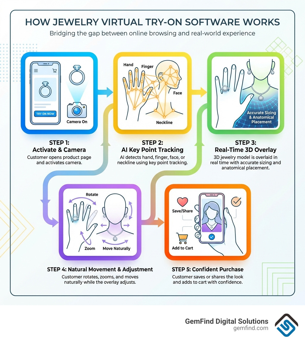 Infographic showing step-by-step how jewelry virtual try-on software works: Step 1 - Customer opens product page and activates camera; Step 2 - AI detects hand, finger, face, or neckline using key point tracking; Step 3 - 3D jewelry model is overlaid in real time with accurate sizing and anatomical placement; Step 4 - Customer rotates, zooms, and moves naturally while the overlay adjusts; Step 5 - Customer saves or shares the look and adds to cart with confidence - jewelry virtual tryon software infographic 