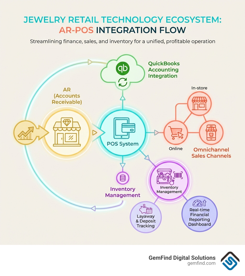 Infographic showing the jewelry retail technology ecosystem: AR (Accounts Receivable) feeds into POS system, which connects to QuickBooks accounting, omnichannel sales channels (in-store, online, mobile), inventory management, layaway and deposit tracking, and real-time financial reporting dashboard — all linked in a circular flow with jewelry store at the center - jewelry ar pos integration infographic 