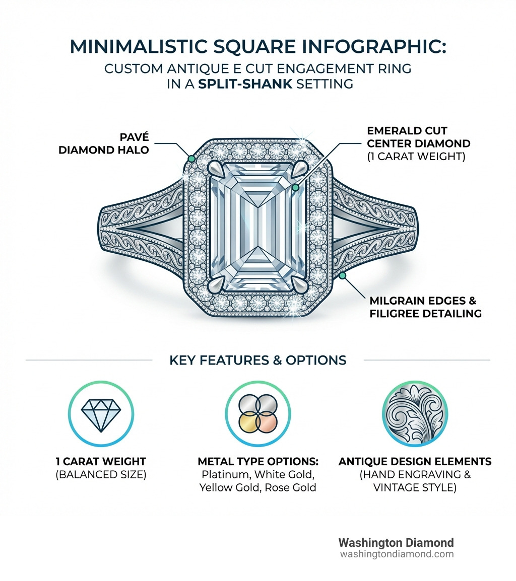 Infographic showing the anatomy of a 1 carat custom halo antique emerald cut engagement ring: center emerald cut diamond with step-cut facets labeled, surrounding halo of pavé diamonds, milgrain-edged band with filigree detailing, split-shank design, and callouts for key features including carat weight, metal type options (platinum, white gold, yellow gold, rose gold), and antique design elements like hand engraving - 1 carat custom halo antique emerald cut engagement ring infographic 