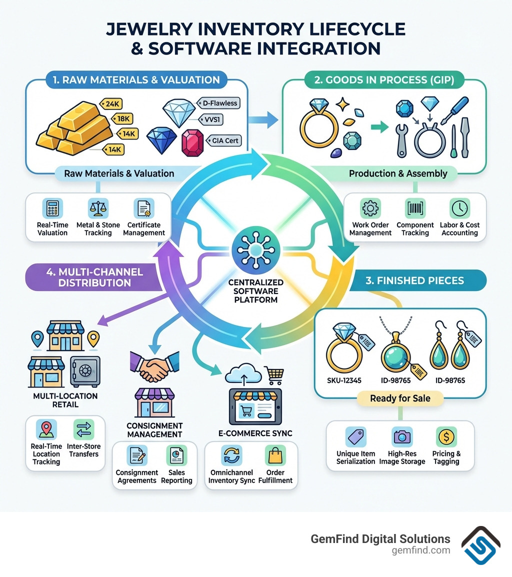 Infographic showing the lifecycle of jewelry inventory from raw materials (precious metals like gold by karat and gemstones with grading details) through goods in process and finished pieces, to multi-location retail tracking, consignment management, and e-commerce sync — with key software features mapped to each stage - jewelry inventory management software infographic 