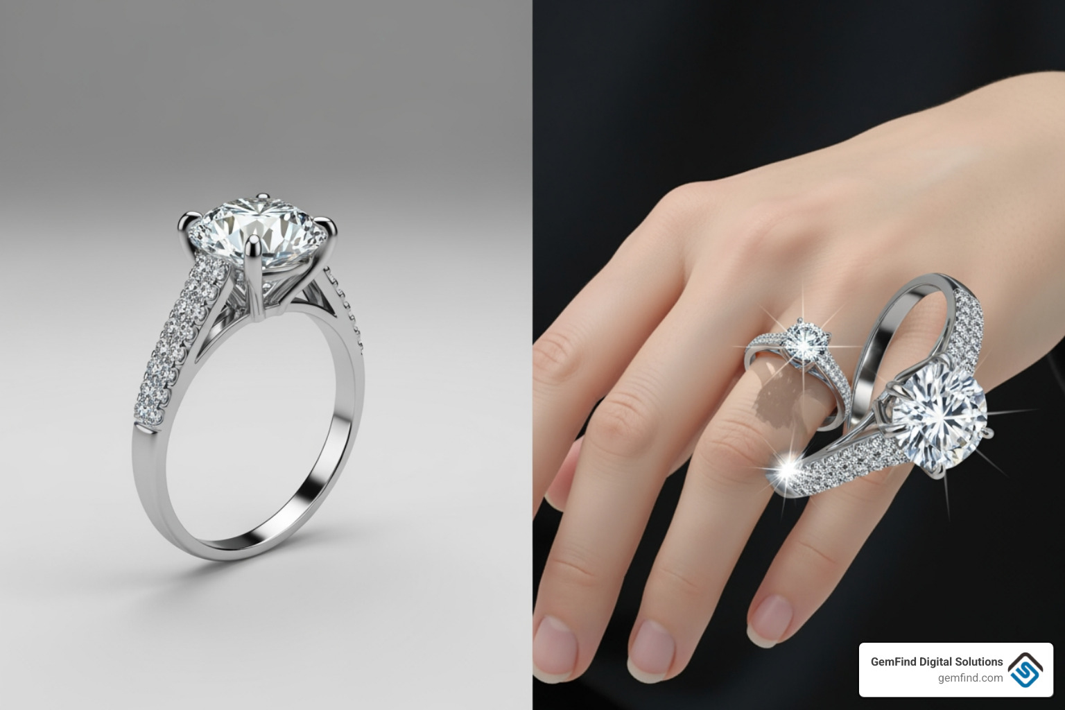 Comparison showing a flat 2D jewelry image versus a dynamic 3D AR overlay that responds to hand movement and lighting - jewelry virtual tryon software