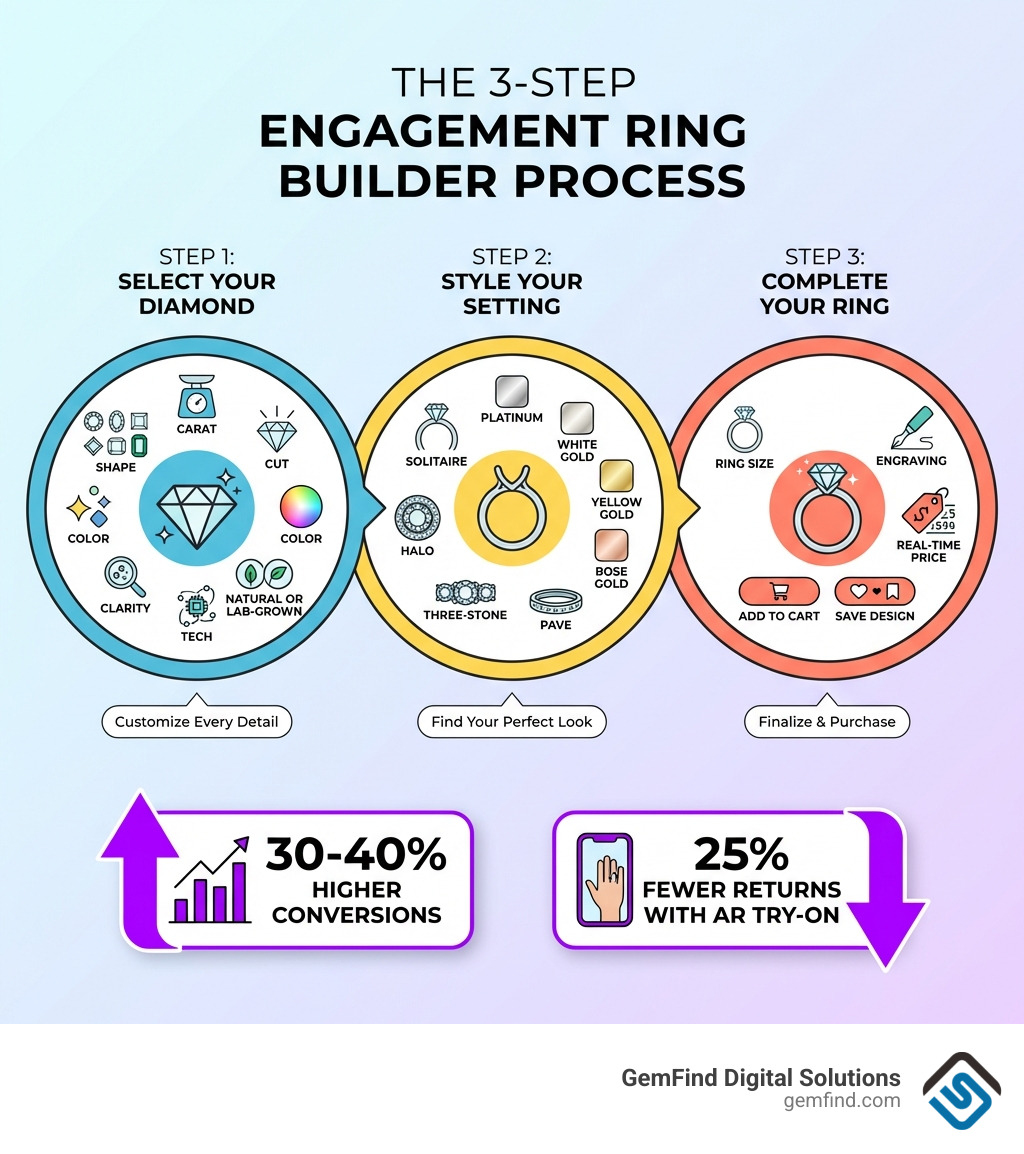 Infographic showing a 3-step engagement ring builder process: Step 1 - Select your diamond (shape, carat, cut, color, clarity, natural or lab-grown); Step 2 - Style your setting (solitaire, halo, three-stone, pave, with metal options: platinum, white gold, yellow gold, rose gold); Step 3 - Complete your ring (ring size, engraving, real-time price, add to cart or save design); with conversion stat callouts showing 30-40% higher conversions and 25% fewer returns with AR try-on - engagement ring builder app infographic 