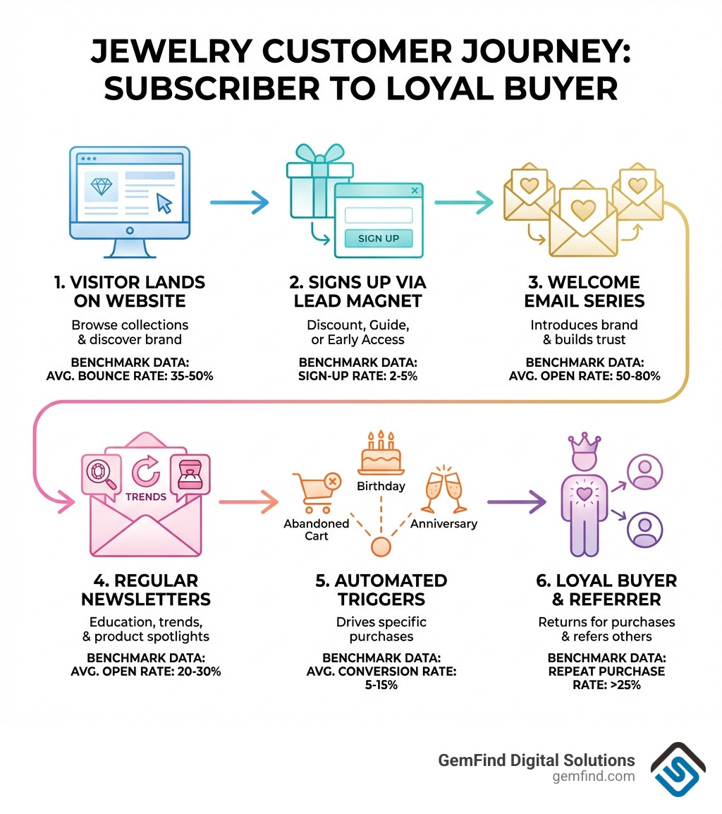 Infographic showing the jewelry customer journey from first-time newsletter subscriber to loyal repeat buyer, with 6 stages: 1) Visitor lands on jewelry website, 2) Subscriber signs up via lead magnet (discount, guide, or early access), 3) Welcome email series introduces the brand and builds trust, 4) Regular newsletters deliver education, trends, and product spotlights, 5) Automated triggers (abandoned cart, birthday, anniversary) drive purchases, 6) Loyal buyer returns and refers others — with email open rates and conversion benchmarks shown at each stage - jewelry newsletter infographic 