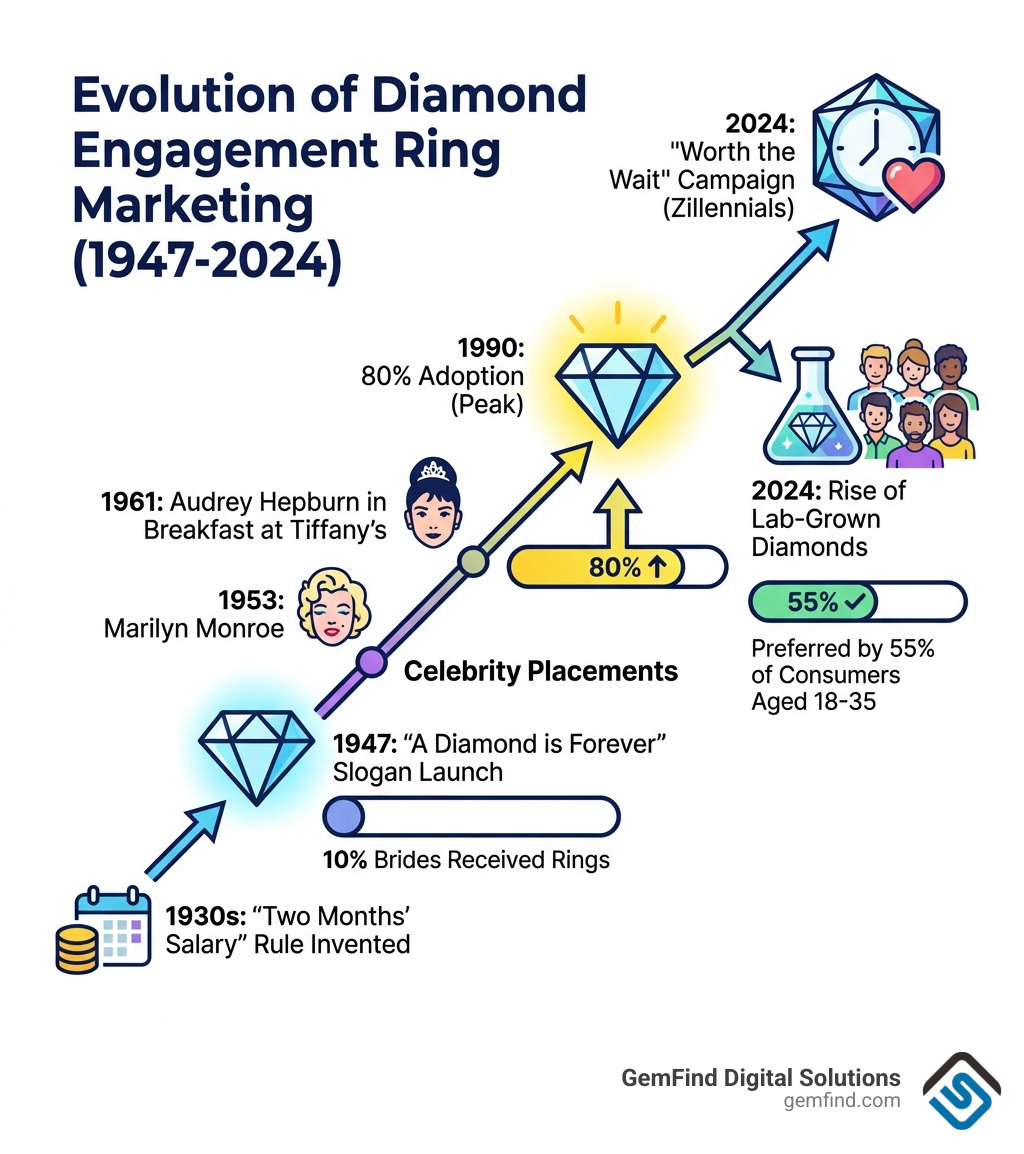 Infographic showing the history of diamond engagement ring marketing from 1947 to 2024: De Beers "A Diamond is Forever" slogan launch in 1947 with only 10% of brides receiving diamond rings; rise to 80% adoption by 1990; "Two Months' Salary" rule invented in the 1930s; celebrity placements with Marilyn Monroe in 1953 and Audrey Hepburn in Breakfast at Tiffany's; modern "Worth the Wait" campaign targeting Zillennials in 2024; and the rise of lab-grown diamonds preferred by 55% of consumers aged 18-35 - engagement ring ad campaigns infographic Infographic showing the history of diamond engagement ring marketing from 1947 to 2024: De Beers "A Diamond is Forever" slogan launch in 1947 with only 10% of brides receiving diamond rings; rise to 80% adoption by 1990; "Two Months' Salary" rule invented in the 1930s; celebrity placements with Marilyn Monroe in 1953 and Audrey Hepburn in Breakfast at Tiffany's; modern "Worth the Wait" campaign targeting Zillennials in 2024; and the rise of lab-grown diamonds preferred by 55% of consumers aged 18-35 - engagement ring ad campaigns infographic