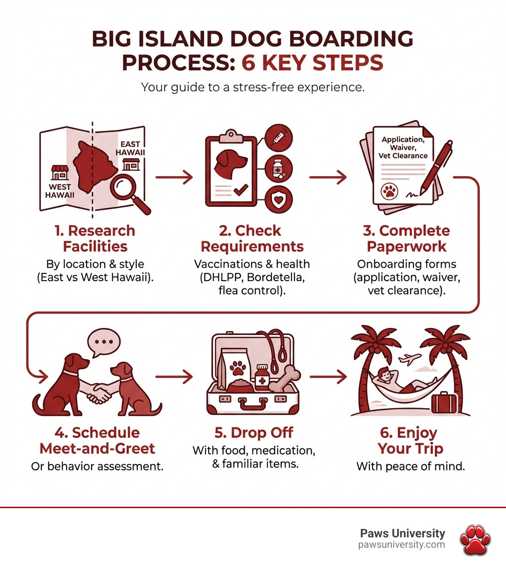 Infographic showing the 6 key steps of the Big Island dog boarding process: Step 1 - Research facilities by location and style (East vs West Hawaii); Step 2 - Check vaccination and health requirements (DHLPP, Bordetella, flea control); Step 3 - Complete onboarding paperwork (application, waiver, vet clearance); Step 4 - Schedule a meet-and-greet or behavior assessment; Step 5 - Drop off with food, medication, and familiar items; Step 6 - Enjoy your trip with peace of mind - dog boarding big island infographic Infographic showing the 6 key steps of the Big Island dog boarding process: Step 1 - Research facilities by location and style (East vs West Hawaii); Step 2 - Check vaccination and health requirements (DHLPP, Bordetella, flea control); Step 3 - Complete onboarding paperwork (application, waiver, vet clearance); Step 4 - Schedule a meet-and-greet or behavior assessment; Step 5 - Drop off with food, medication, and familiar items; Step 6 - Enjoy your trip with peace of mind - dog boarding big island infographic