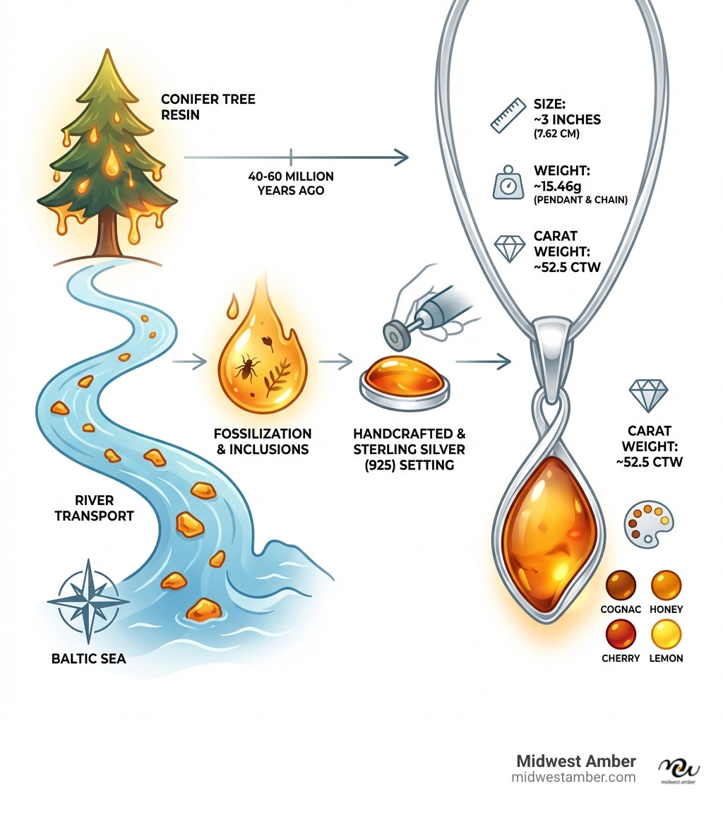 Infographic showing the formation of Baltic amber from conifer tree resin 40-60 million years ago, carried by rivers to the Baltic Sea, fossilized into warm-hued amber with natural inclusions, then handcrafted into large sterling silver necklaces with key facts on size (3 inches), weight (15.46g), carat weight (52.5 ctw), and popular amber colors (cognac, honey, cherry, lemon) - large amber silver necklace infographic 