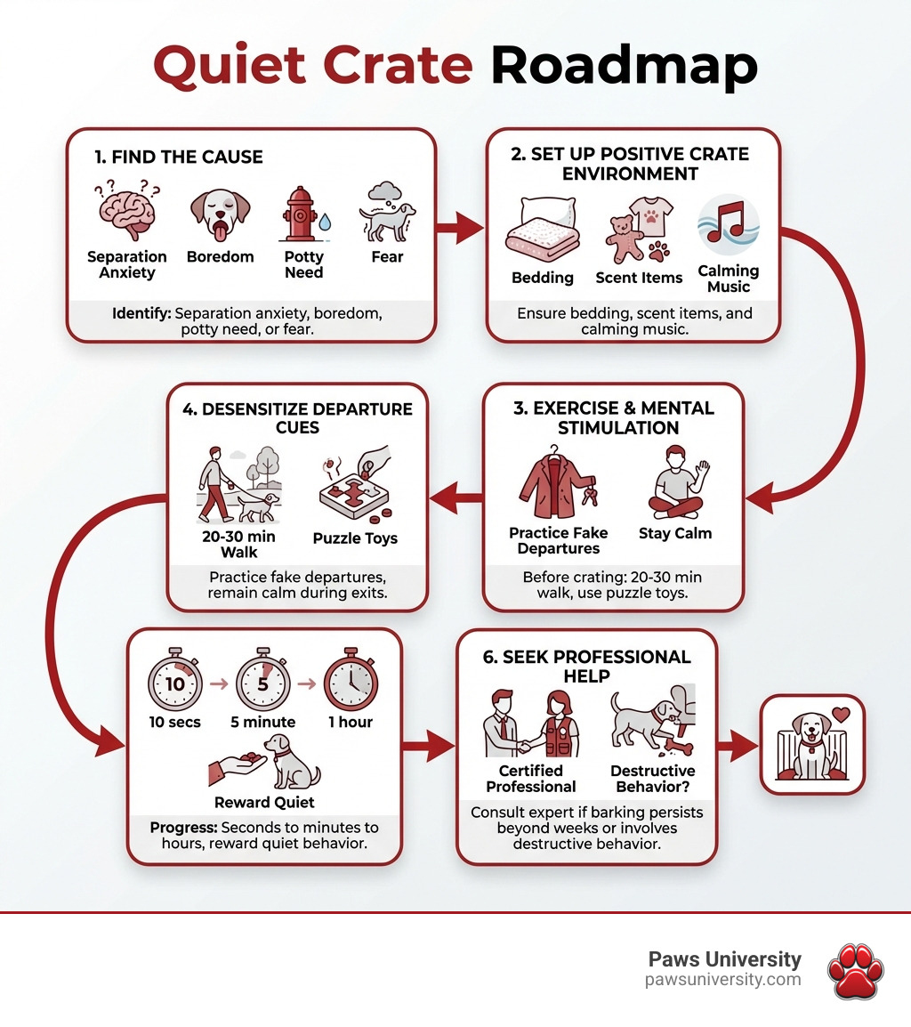 Infographic showing a "Quiet Crate Roadmap" with 6 steps arranged in a flowchart: Step 1 - Find the cause (separation anxiety, boredom, potty need, or fear); Step 2 - Set up a positive crate environment (bedding, scent items, calming music); Step 3 - Exercise and mental stimulation before crating (20-30 min walk, puzzle toys); Step 4 - Desensitize departure cues (practice fake departures, stay calm); Step 5 - Build alone time gradually (seconds to minutes to hours, reward quiet); Step 6 - Seek professional help if barking persists beyond several weeks or involves destructive behavior - barking in crate when alone infographic Infographic showing a "Quiet Crate Roadmap" with 6 steps arranged in a flowchart: Step 1 - Find the cause (separation anxiety, boredom, potty need, or fear); Step 2 - Set up a positive crate environment (bedding, scent items, calming music); Step 3 - Exercise and mental stimulation before crating (20-30 min walk, puzzle toys); Step 4 - Desensitize departure cues (practice fake departures, stay calm); Step 5 - Build alone time gradually (seconds to minutes to hours, reward quiet); Step 6 - Seek professional help if barking persists beyond several weeks or involves destructive behavior - barking in crate when alone infographic