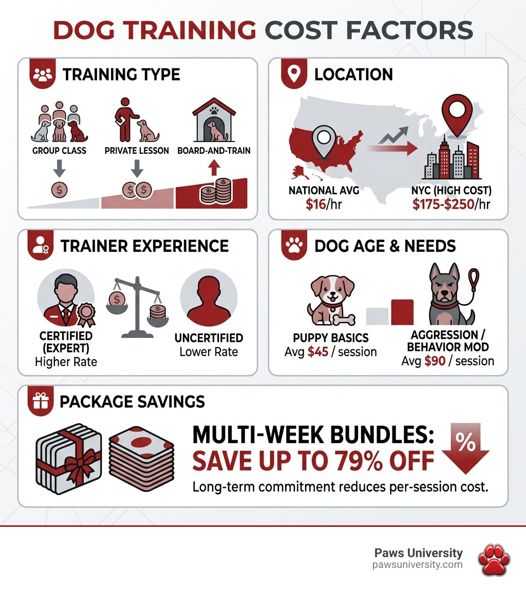 Infographic showing dog training cost factors: training type (group vs private vs board-and-train), location (national average $16/hr vs NYC $175-250/hr), trainer experience (certified vs uncertified), dog age (puppy avg $45 vs aggression avg $90 per session), and package savings (up to 79% off with multi-week bundles) - dog trainers near me prices infographic Infographic showing dog training cost factors: training type (group vs private vs board-and-train), location (national average $16/hr vs NYC $175-250/hr), trainer experience (certified vs uncertified), dog age (puppy avg $45 vs aggression avg $90 per session), and package savings (up to 79% off with multi-week bundles) - dog trainers near me prices infographic