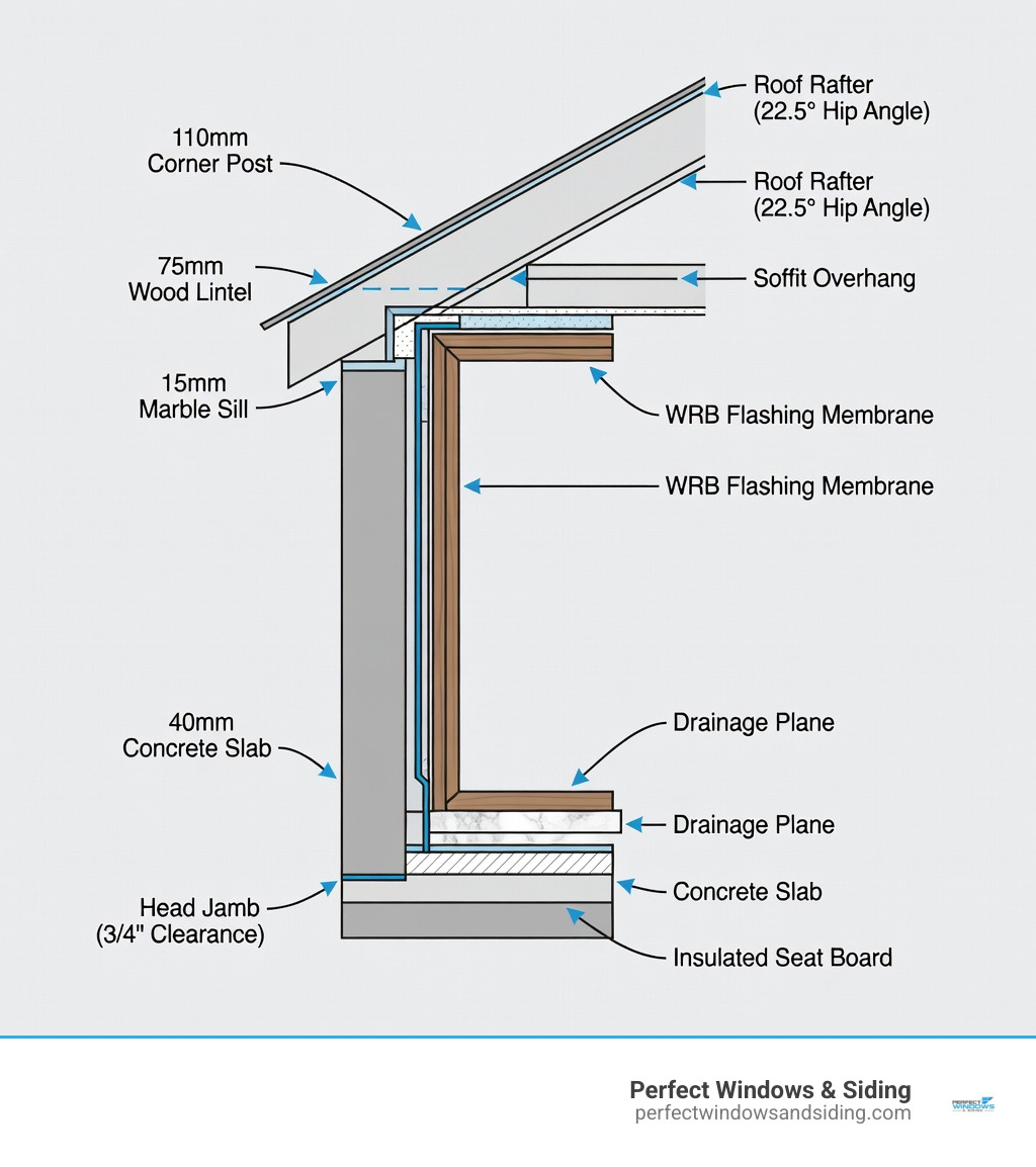 Infographic showing the full anatomy of a bay window section detail, including labeled cross-section layers: 110mm corner post, 75mm wood lintel, 15mm marble sill, 40mm concrete slab, head jamb with 3/4-inch clearance, insulated seat board, WRB flashing membrane, drainage plane, roof rafter with 22.5-degree hip angle, and soffit overhang — with arrows pointing to each component on a cutaway wall diagram - bay window section detail infographic 