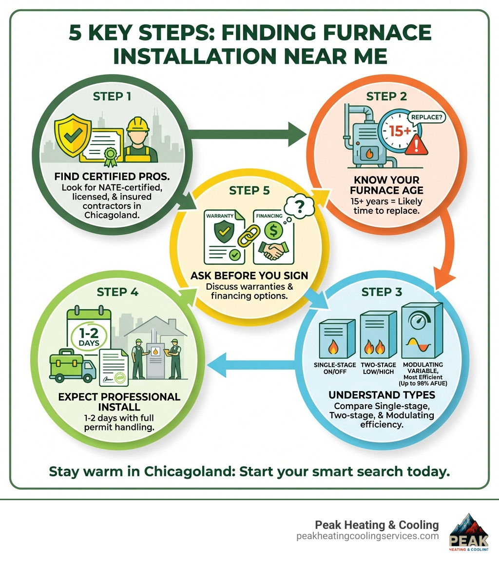 Infographic showing 5 key steps to find furnace installation near me: Step 1 - Look for NATE-certified, licensed and insured contractors in Chicagoland; Step 2 - Know your furnace age (15+ years = likely time to replace); Step 3 - Understand furnace types: single-stage (on/off), two-stage (low/high output), modulating (variable, most efficient up to 98% AFUE); Step 4 - Expect a 1-2 day professional installation with permit handling; Step 5 - Ask about warranties and financing options before signing - furnace installation near me infographic 