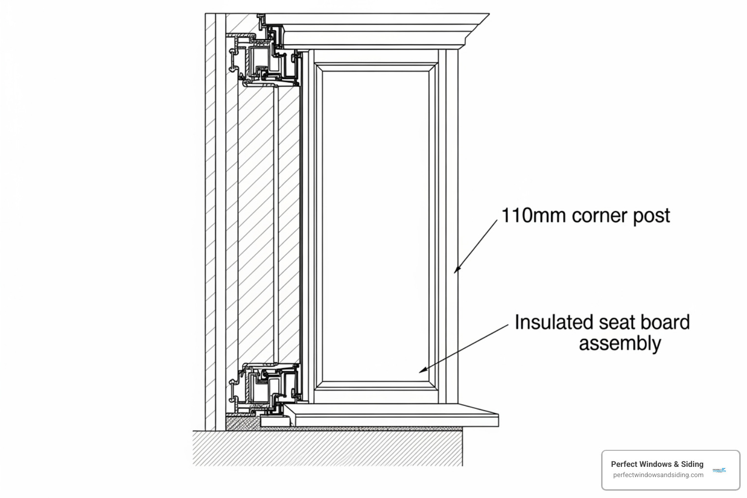 Technical architectural section drawing of a bay window showing the vertical relationship between the head, jamb, and sill, with specific callouts for the 110mm corner post and the insulated seat board assembly - bay window section detail