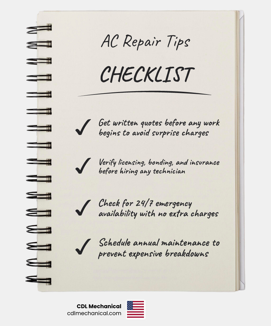 Infographic showing 7 key tips for finding affordable AC repair in Goodyear AZ: get written quotes, verify licensing, check for 24/7 emergency availability, ask about financing, schedule annual maintenance, consider system age for repair vs replacement decisions, and read verified customer reviews — with icons for each tip and a desert home background illustrating Goodyear's extreme summer heat - ac repair affordable in goodyear, az infographic checklist-notebook Infographic showing 7 key tips for finding affordable AC repair in Goodyear AZ: get written quotes, verify licensing, check for 24/7 emergency availability, ask about financing, schedule annual maintenance, consider system age for repair vs replacement decisions, and read verified customer reviews — with icons for each tip and a desert home background illustrating Goodyear's extreme summer heat - ac repair affordable in goodyear, az infographic checklist-notebook