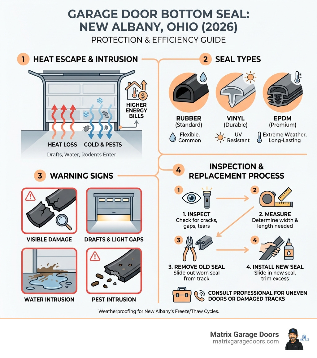 Infographic showing how heat escapes through gaps under a garage door, the different types of bottom seals available (rubber, vinyl, EPDM), warning signs of a failing seal, and the step-by-step process to inspect and replace a garage door bottom seal in New Albany, Ohio - garage door bottom seal New Albany infographic Infographic showing how heat escapes through gaps under a garage door, the different types of bottom seals available (rubber, vinyl, EPDM), warning signs of a failing seal, and the step-by-step process to inspect and replace a garage door bottom seal in New Albany, Ohio - garage door bottom seal New Albany infographic