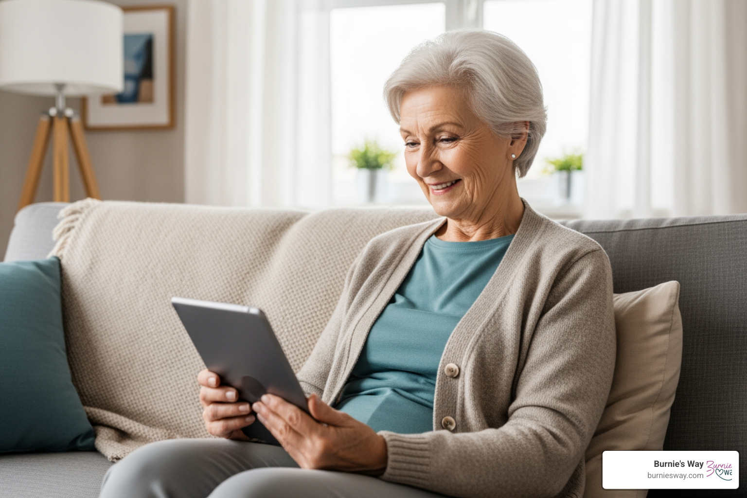 A senior woman sitting comfortably on her sofa, smiling while using a tablet for a video call with her grandchildren, demonstrating how technology bridges the gap of social isolation - elder care solutions A senior woman sitting comfortably on her sofa, smiling while using a tablet for a video call with her grandchildren, demonstrating how technology bridges the gap of social isolation - elder care solutions