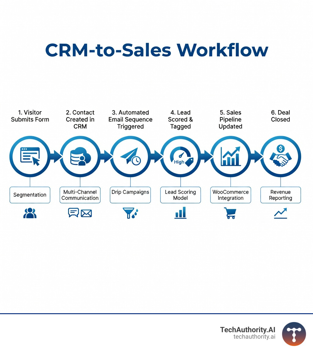 Infographic showing the CRM-to-Sales workflow: visitor submits form → contact created in CRM → automated email sequence triggered → lead scored and tagged → sales pipeline updated → deal closed, with icons for each stage and annotations for key features like segmentation, multi-channel communication, and WooCommerce integration - best wordpress crm infographic 