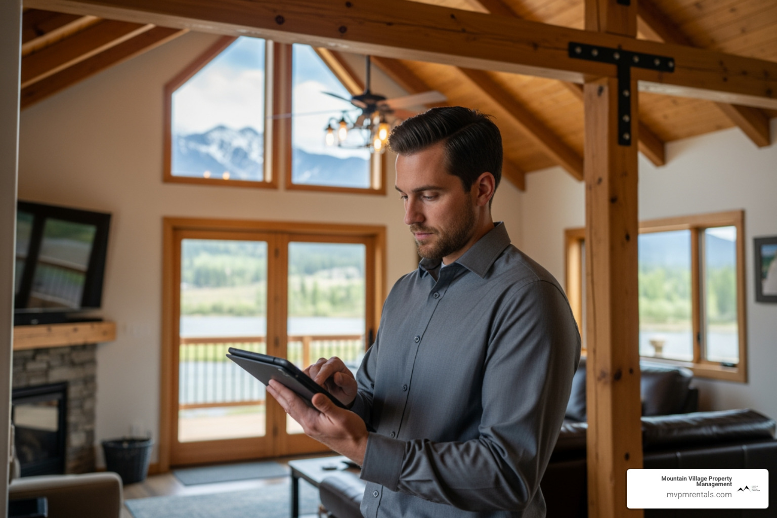 Professional property manager performing a digital inspection on a tablet in a Gallatin Gateway home - gallatin gateway property management