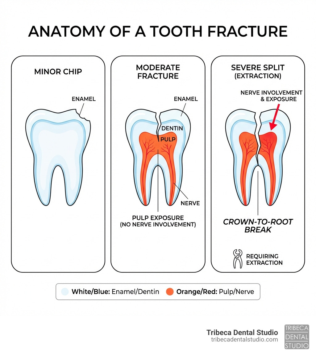 Anatomy of a tooth fracture showing enamel, dentin, pulp exposure, nerve involvement, and crown-to-root break levels with labels for minor chip, moderate fracture, and severe split requiring extraction - half broken tooth infographic 