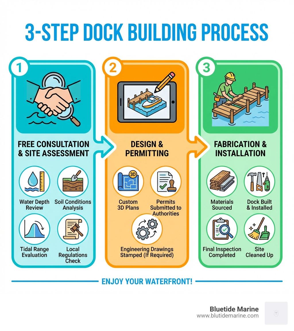 Infographic showing a 3-step dock building process: Step 1 - Free consultation and site assessment (builder reviews water depth, soil conditions, tidal range, and local regulations); Step 2 - Design and permitting (custom 3D plans drawn up, permits submitted to relevant authorities, engineering drawings stamped if required); Step 3 - Fabrication and installation (materials sourced, dock built and installed, final inspection completed, site cleaned up) - boat dock builders near me infographic Infographic showing a 3-step dock building process: Step 1 - Free consultation and site assessment (builder reviews water depth, soil conditions, tidal range, and local regulations); Step 2 - Design and permitting (custom 3D plans drawn up, permits submitted to relevant authorities, engineering drawings stamped if required); Step 3 - Fabrication and installation (materials sourced, dock built and installed, final inspection completed, site cleaned up) - boat dock builders near me infographic