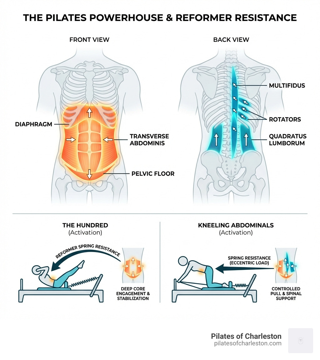 Infographic showing the Pilates Powerhouse anatomy: a front and back view of the human torso with labeled deep core muscles including the transverse abdominis, diaphragm, pelvic floor, multifidus, rotators, and quadratus lumborum, with arrows showing how the reformer spring resistance activates each muscle group during common ab exercises like The Hundred and Kneeling Abdominals - pilates reformer ab workout infographic 