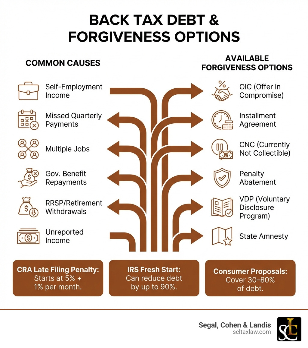 Infographic showing the most common causes of back tax debt (self-employment income, missed quarterly payments, multiple jobs, government benefit repayments, RRSP or retirement withdrawals, unreported income) alongside available forgiveness options (OIC, installment agreement, CNC, penalty abatement, VDP, state amnesty) with arrows showing which cause leads to which solution, and key statistics: CRA late filing penalty starts at 5% plus 1% per month, IRS Fresh Start can reduce debt by up to 90%, consumer proposals cover 30–80% of debt - back tax forgiveness program infographic