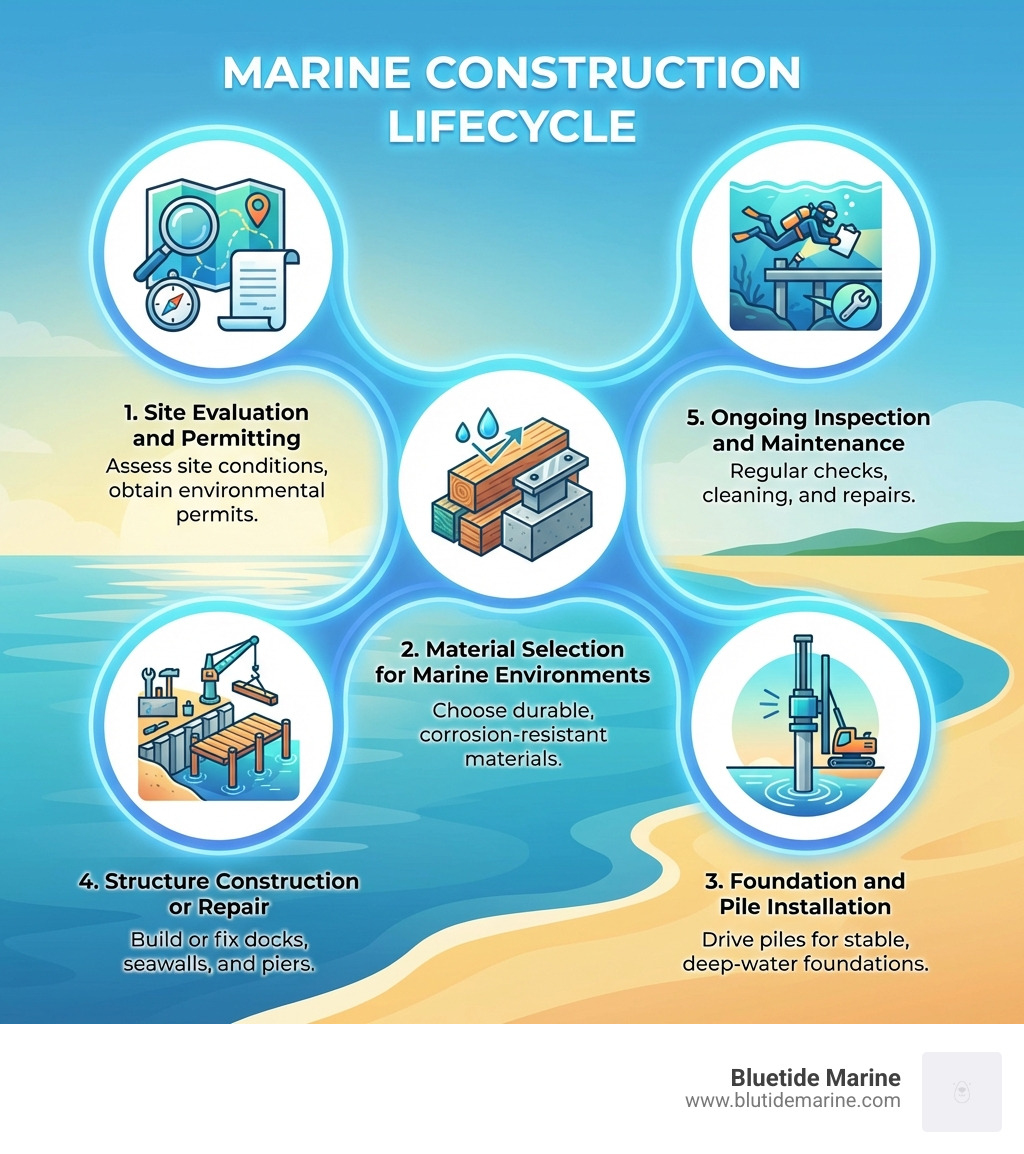 Marine construction lifecycle infographic showing five stages: Site Evaluation and Permitting, Material Selection for Marine Environments, Foundation and Pile Installation, Structure Construction or Repair, and Ongoing Inspection and Maintenance — with icons and brief descriptions for each stage, set against a coastal waterfront background - what is a marine contractor infographic 