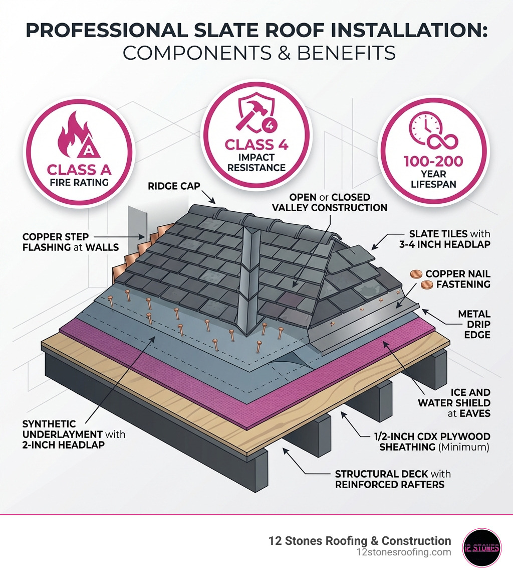 Infographic showing the components of a professional slate roof installation in Texas: structural deck with reinforced rafters, minimum 1/2-inch CDX plywood sheathing, synthetic underlayment with 2-inch headlap, ice and water shield at eaves, metal drip edge, copper nail fastening, slate tiles with 3-4 inch headlap, copper step flashing at walls, open or closed valley construction, and ridge cap with callouts for Class A fire rating, Class 4 impact resistance, and 100-200 year lifespan - Slate shingle installation Texas infographic 