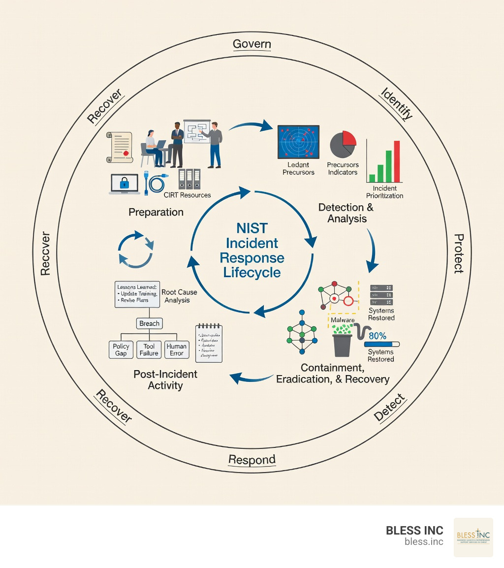 Infographic showing the NIST Incident Response Lifecycle as a four-phase circular diagram: Phase 1 Preparation (building IR plans, forming CIRT teams, deploying tools), Phase 2 Detection and Analysis (identifying indicators and precursors, prioritizing incidents), Phase 3 Containment Eradication and Recovery (isolating threats, removing malware, restoring systems), and Phase 4 Post-Incident Activity (lessons learned, root cause analysis, plan updates), with continuous improvement arrows connecting all phases and CSF 2.0 functions Govern Identify Protect Detect Respond Recover labeled around the outside - nist incident management infographic Infographic showing the NIST Incident Response Lifecycle as a four-phase circular diagram: Phase 1 Preparation (building IR plans, forming CIRT teams, deploying tools), Phase 2 Detection and Analysis (identifying indicators and precursors, prioritizing incidents), Phase 3 Containment Eradication and Recovery (isolating threats, removing malware, restoring systems), and Phase 4 Post-Incident Activity (lessons learned, root cause analysis, plan updates), with continuous improvement arrows connecting all phases and CSF 2.0 functions Govern Identify Protect Detect Respond Recover labeled around the outside - nist incident management infographic